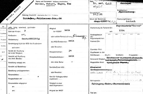 Zum Teil maschinenschriftlich, zum Teil händisch ausgefüllte Karteikarte im Querformat mit vielen Spalten, Zeilen und Feldern