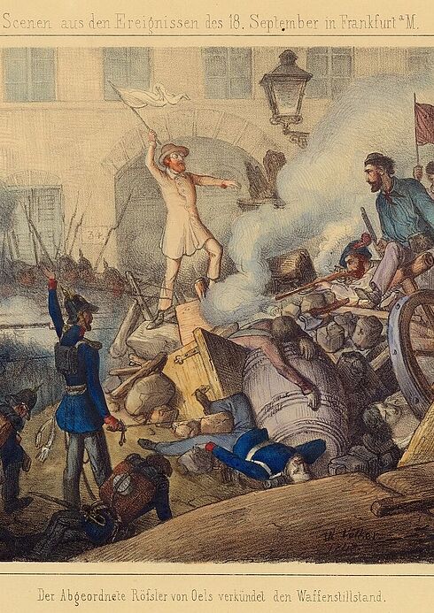 Bild wie der Abgeordnete Adolph Rösler zwischen den Aufständischen und dem Militär, Frankfurt am Main, am 18. September 1848 vermittelt