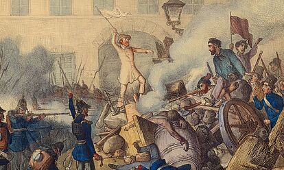 Bild wie der Abgeordnete Adolph Rösler zwischen den Aufständischen und dem Militär, Frankfurt am Main, am 18. September 1848 vermittelt