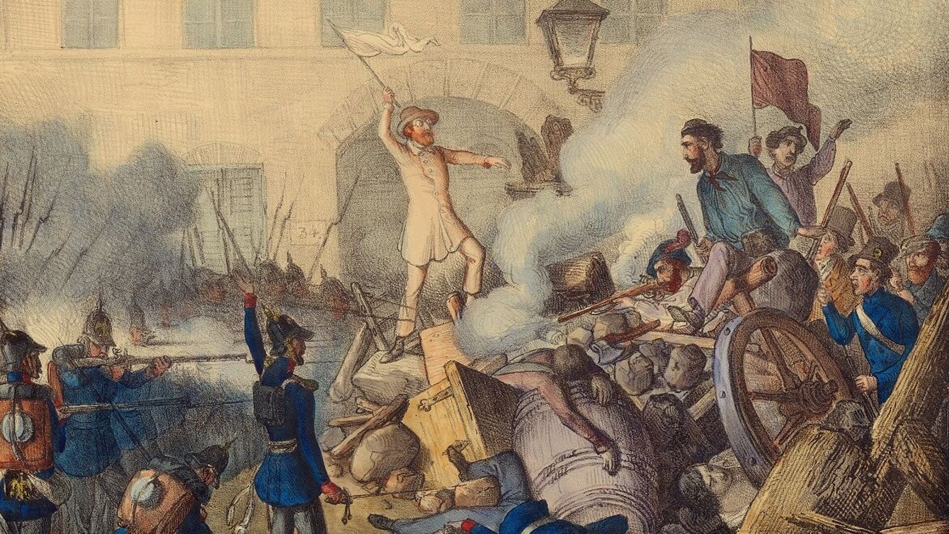 Bild wie der Abgeordnete Adolph Rösler zwischen den Aufständischen und dem Militär, Frankfurt am Main, am 18. September 1848 vermittelt