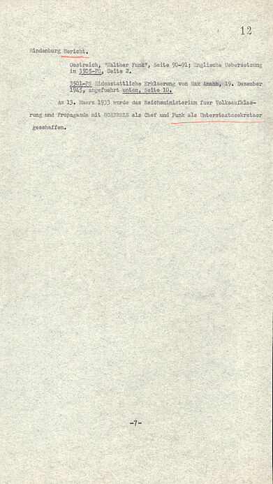 Das Dokument zeigt die Anklageschrift des Internationalen Militärgerichtshofs gegen Walther Funk.