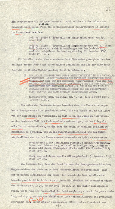 Das Dokument zeigt die Anklageschrift des Internationalen Militärgerichtshofs gegen Walther Funk.