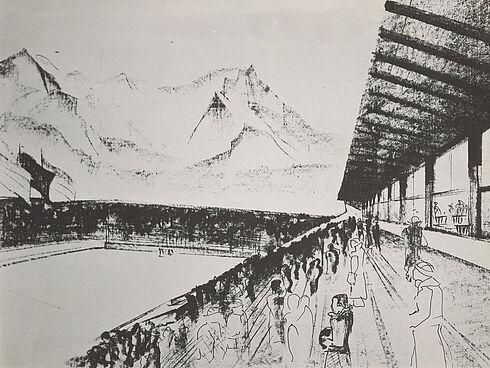 Zeichnung des Eiskunstlaufstadion in Garmisch-Partenkirchen mit Blick von der Haupttribüne auf das Gebirgspanorama, aus der Kostenaufstellung für das Stadion von 1934