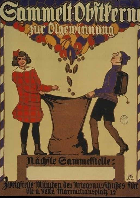 Plakat mit einem Aufruf zur Sammlung von Obstkernen  für die Ölgewinnung, 1915/1918