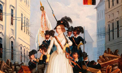 Gemälde der Wiener Barrikade während des Maiaufstandes 1848 mit einer Frau und mehreren Männern