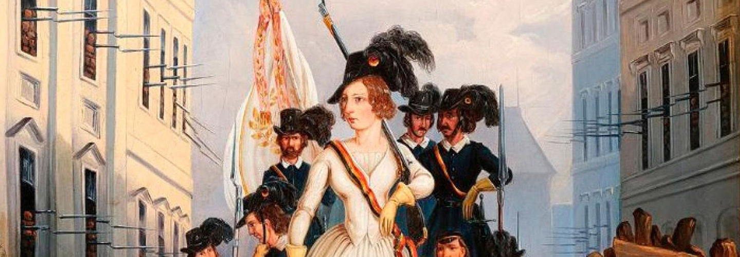 Gemälde der Wiener Barrikade während des Maiaufstandes 1848 mit einer Frau und mehreren Männern