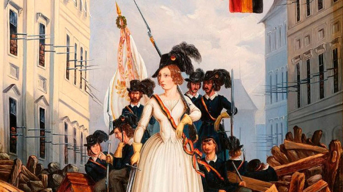 Gemälde der Wiener Barrikade während des Maiaufstandes 1848 mit einer Frau und mehreren Männern
