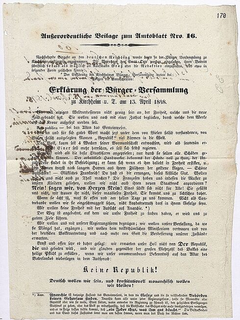 Bild der Erklärung der Bürgerversammlung zu Kirchheim u. T. am 13. April 1848