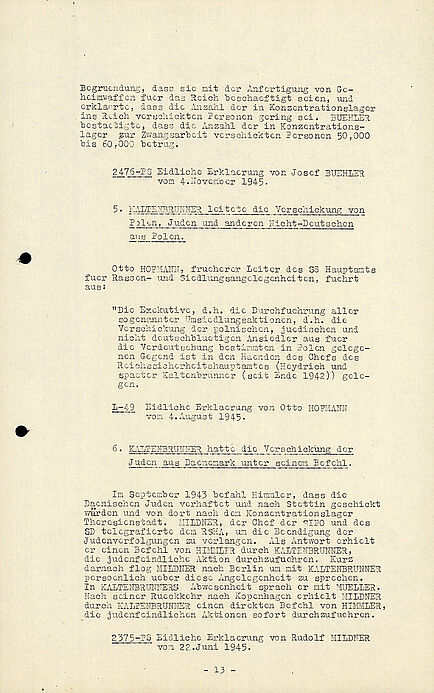 Dreizehnte Seite der Verschriftlichung mit den gesammelten Aussagen gegen Ernst Kaltenbrunner