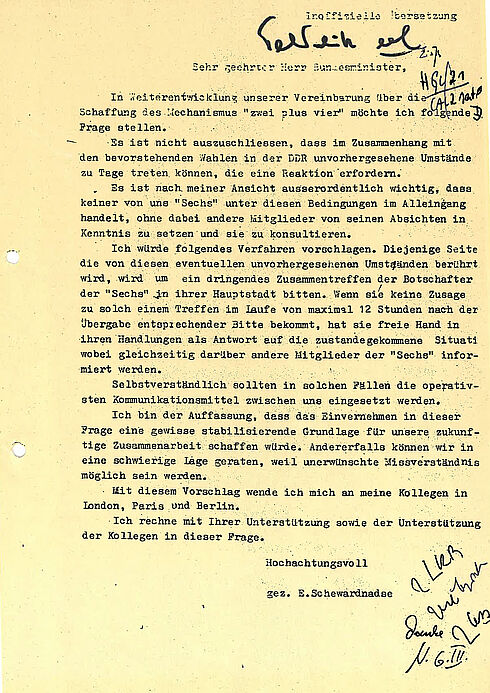 Schreiben des sowjetischen Außenministers Eduard Schewardnadse an Hans-Dietrich Genscher zu den Vereinbarungen im „Zwei-plus-Vier-Vertrag“