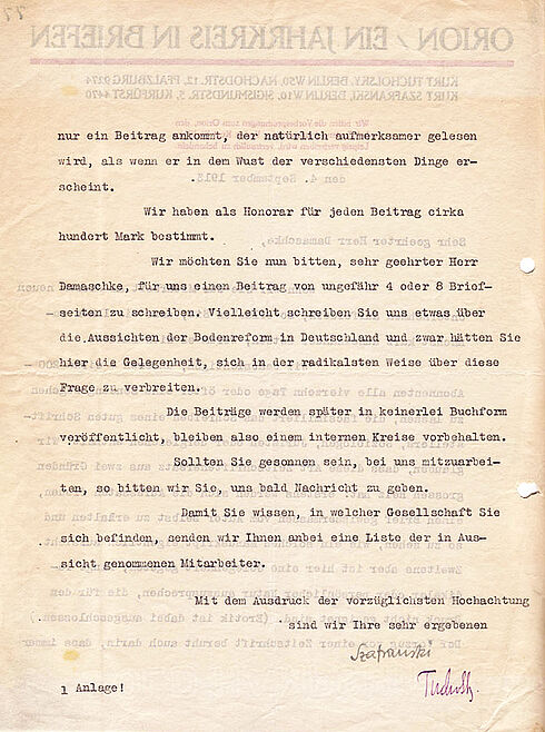 maschinengeschriebener Brief mit zwei händischen Unterschriften