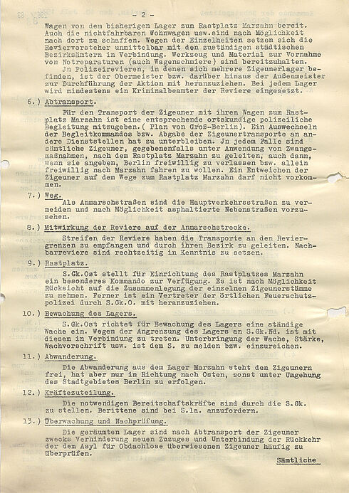 Schreiben der Berliner Polizei zur "Umsiedlung" der Berliner Sinti und Roma auf einen Rastplatz bei Marzahn im Vorfeld der Olympischen Sommerspiele 1936