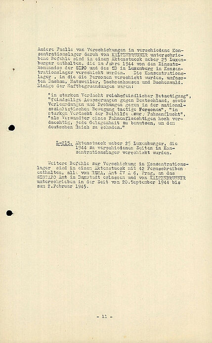 Elfte Seite der Verschriftlichung mit den gesammelten Aussagen gegen Ernst Kaltenbrunner