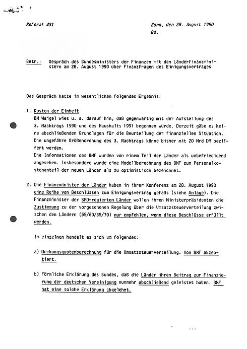 Ergebnisse des Gesprächs zwischen den Bundesfinanzminister und den Länderfinanzministern zu den Kosten der Einheit, 28. August 1990