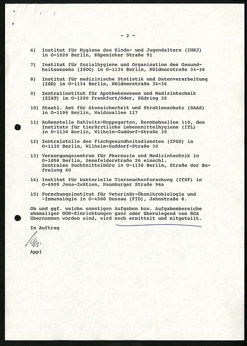 Zweite Seite zur Beteiligung des Bundesgesundheitsamtes an der Übernahme von Einrichtungen des Gesundheitswesens der DDR, 1992