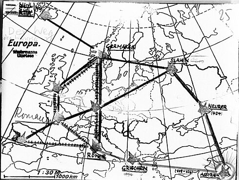 Karte zur Verbreitung des Werwolf-Mythos, ausgehend vom Vorderen Orient, aus der Dissertation „Der Werwolf.- Sein Wesen und sein Weg.- Eine Untersuchung zum deutschen Volksglauben" von Kurt Speth, 1939 