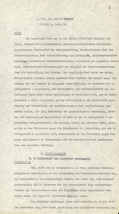 Das Dokument zeigt die Anklageschrift des Internationalen Militärgerichtshofs gegen Walther Funk.