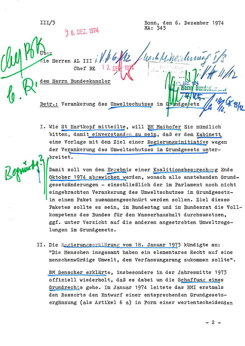 Maschinentextliches Dokument mit nummerierten Absätzen sowie verschiedenfarbigen händischen Vermerken und Unterstreichungen