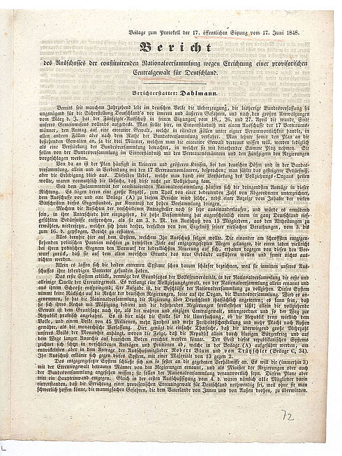 Bericht des Parlamentsausschusses zur Einrichtung einer provisorischen Zentralgewalt für Deutschland, Frankfurt am Main, 17. Juni 1848 Bild des Berichtes des Parlamentsausschusses zur Einrichtung einer provisorischen Zentralgewalt für Deutschland, Frankfurt am Main, 17. Juni 1848