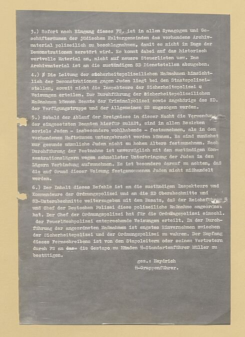 „Maßnahmen gegen Juden in der heutigen Nacht“.- Befehl Reinhard Heydrichs, 10. November 1938