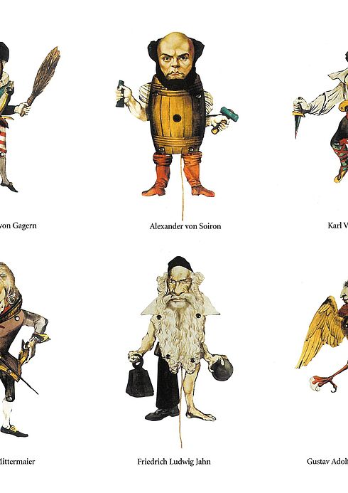 Karikatur mit Abgeordneten der Paulskirche als Hampelmänner, Verlag Eduard Gustav Mey, Frankfurt am Main 1848, Reproduktion