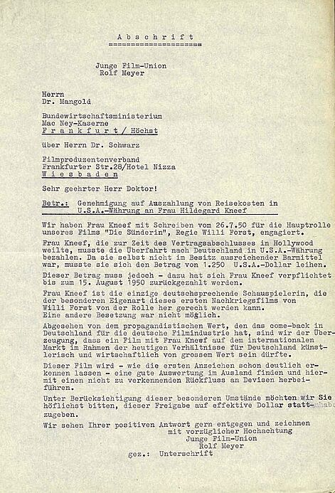 Antrag auf Devisengenehmigung für Reisen Hildegard Knefs zu Dreharbeiten für den Film „Die Sünderin“, August 1950 Maschinengeschriebenes Dokument mit Absätzen