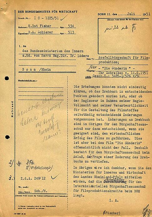 Schreiben des Bundesministeriums für Wirtschaft an das Bundesministerium des Innern bezüglich der Übernahme einer Ausfallbürgschaft für die Filmproduktion „Die Sünderin“ mit Hildegard Knef, Juli 1951 Mit Schreibmaschine sowie mit handschriftlichen Vermerken ausgefüllte Briefvorlage