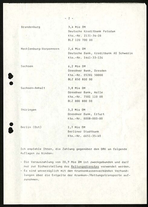 Zweite Seite eines Schreibens zur Finanziellen Sicherstellung des Rettungsdienstes in den neuen Bundesländern, 1990