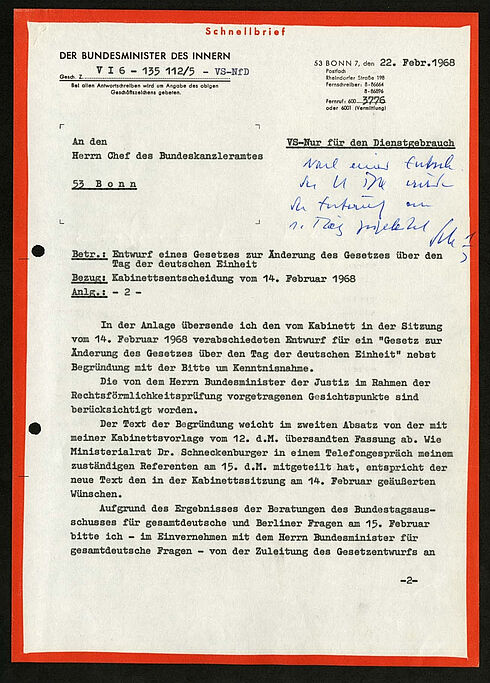 Erste Seite eines Schreibens des Bundesministers des Innern Paul Lücke an den Chef des Bundeskanzleramtes vom 22. Februar 1968