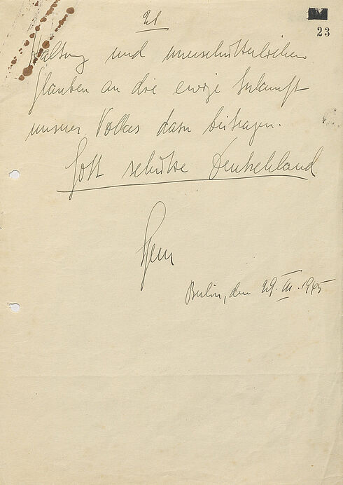 Letzte Seite eines 21-seitigen Briefes in Handschrift auf unliniertem Papier mit Unterschrift, Orts- und Datumsangabe