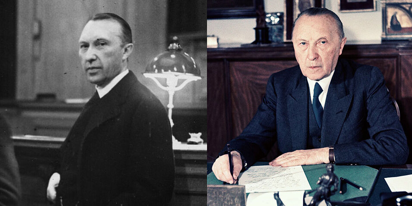 Drei Bilder von Konrad Adenauer aus den Jahren 1931, 1949 und 1965, Quelle:
            BArch, Bild 183-W0804-0500 (Ausschnitt) / o. Ang. (Bild 1);&nbsp;BArch, B 145 Bild-D00079684 (Ausschnitt) /&nbsp;Munker, Georg (Bild 2); BArch, B 145 Bild-F019973-0017 (Ausschnitt) / Heisler,&nbsp;Gerhard (Bild 3)
