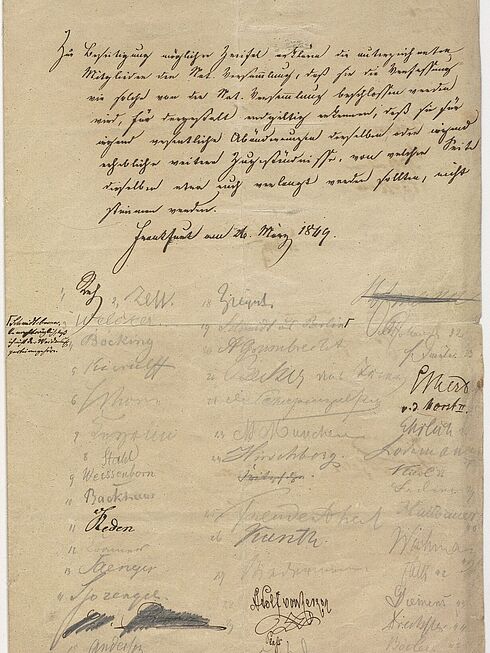 Bild eines Schreibens von 86 Abgeordneten, die zusichern, für die Reichsverfassung zu stimmen, Teil des sogenannten Pakt "Simon-Gagern", 26. März 1849