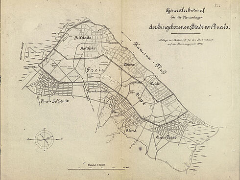 Plan von einer Stadt, auf dem verschiedene Viertel und ein größeres Gebiet mit der Bezeichnung "Freie Zone" eingezeichnet sind.