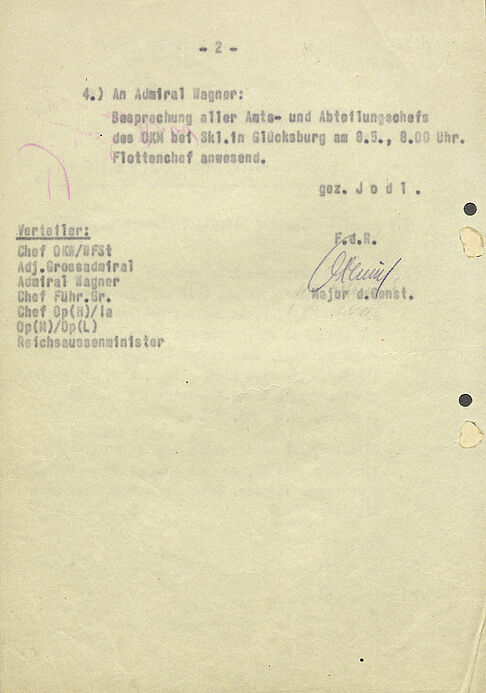 Dokument zu Maßnahmen zur Vorbereitung der Wiederholung des Kapitulationaktes (hinten) vom 07.05.1945