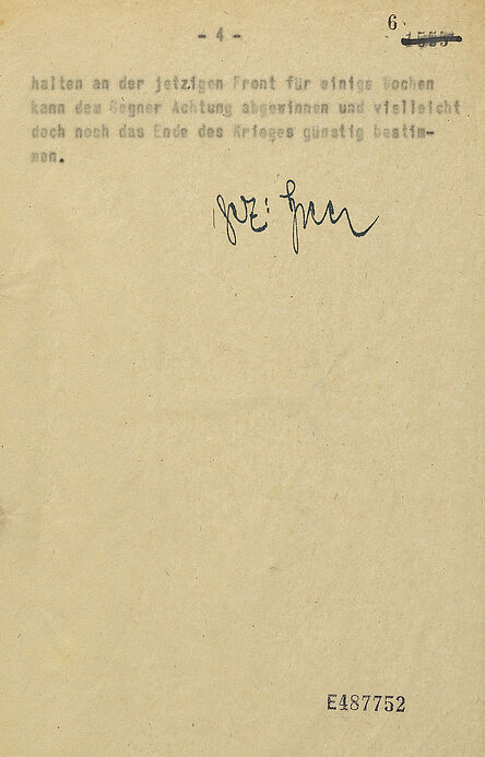 Letzte Seite eines vierseitigen Maschinentextes mit händischer Unterschrift