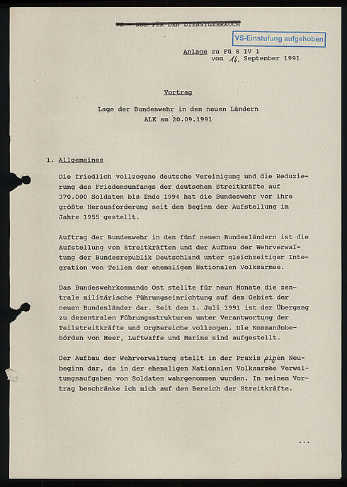 Vortrag zum Thema „Lage der Bundeswehr in den neuen Ländern“, 16. September 1991 (Seite 1) Maschinenschriftliches Dokument
