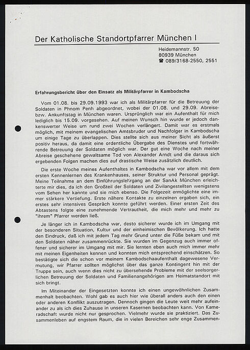 Erfahrungsbericht des Katholischen Standortpfarrers München I über seinen Einsatz als Militärpfarrer in Kambodscha, 5. Dezember 1993 (Seite 1) Maschinenschriftliches Dokument