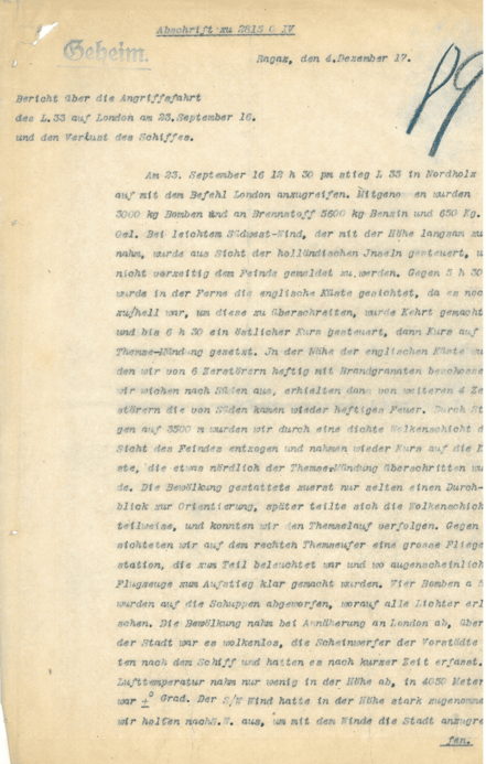 Bericht über Angriffsfahrt auf London am 23. September 1916 und den Verlust des Schiffes, Seite 1