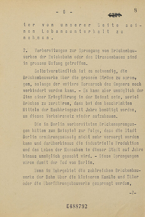 Sechste Seite eines zehnseitigen Berichts in Maschinenschrift mit nummeriertem Absatz und Passagen in Sperrschrift