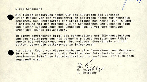 Erklärung der SED-Kreisleitung im MfS zu Mielkes Auftritt in der Volkskammer