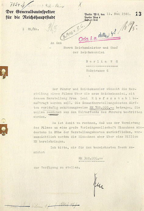 Finanzierungsanfrage des Generalbauinspektors für die Kostendeckung des Films über die Neue Reichskanzlei, 1940