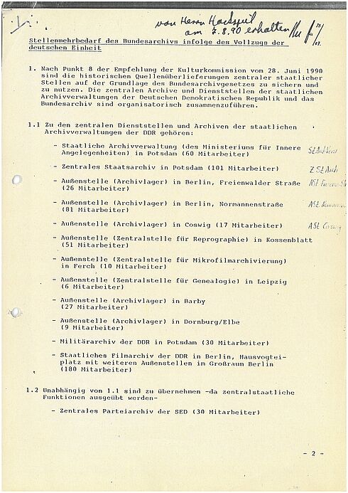 Stellenmehrbedarf im Bundesarchiv infolge der Wiedervereinigung, 1990, Seite 1