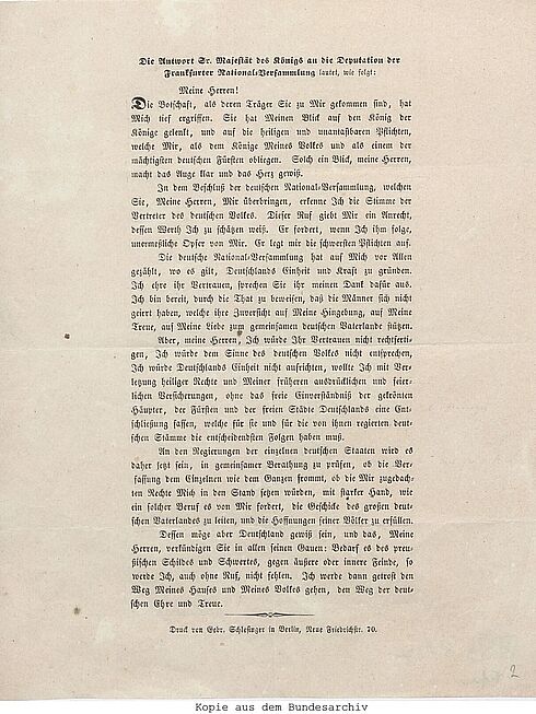 Bild eines Schreibens von Friedrich Wilhelm IV. an die Kaiserdeputation 1849