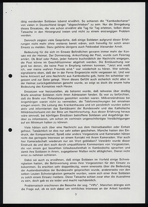 Erfahrungsbericht des Katholischen Standortpfarrers München I über seinen Einsatz als Militärpfarrer in Kambodscha, 5. Dezember 1993 (Seite 3) Maschinenschriftliches Dokument