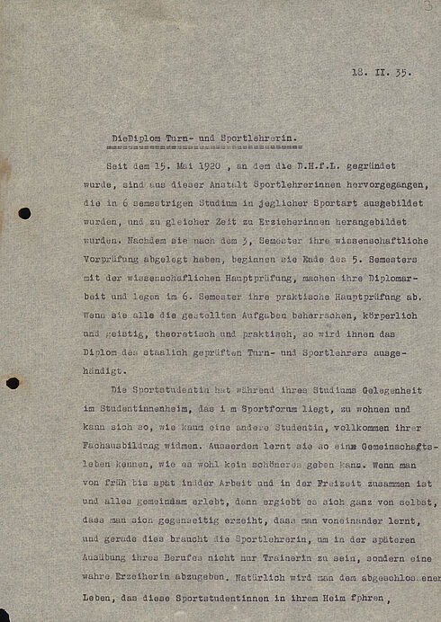 Beschreibung des Diplom-Studienganges der Turn- und Sportlehrerin an der „Deutschen Hochschule für Leibesübungen“, verfasst von der „Führerin der Studentinnen der DHfL“ am 18. Februar 1935 