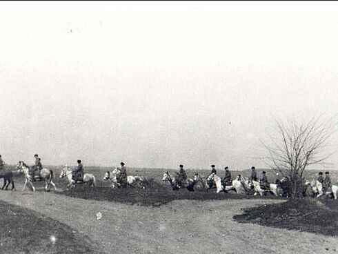 Mehrere Terekkosaken-Reiter während eines Marsches zurück nach Norden.