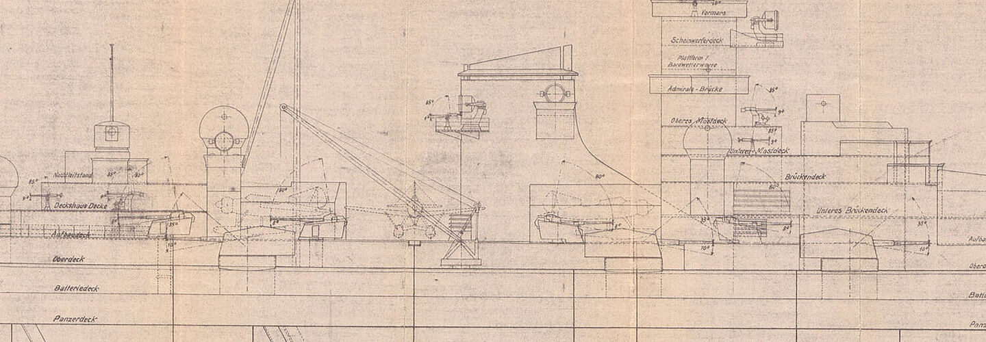 Ausschnitt einer technischen Zeichnung des Schlachtschiffs „Bismarck“ (Seitenansicht)