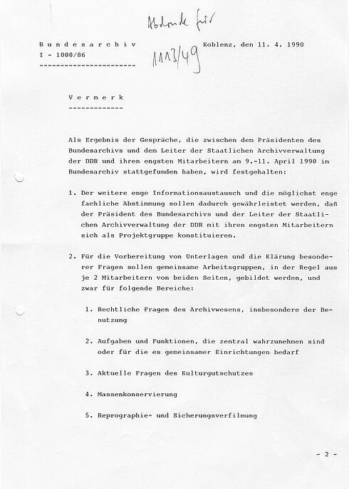 Ergebnis der Gespräche zwischen Bundesarchiv und Staatlicher Archivverwaltung der DDR, Seite 1