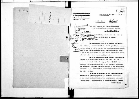 Schreiben der Gestapo an das Staatskrankenhaus der Polizei in Berlin, dass Carl von Ossietzky aus dem Konzentrationslager Esterwegen in das Staatskrankenhaus verlegt wird