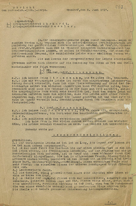 maschinengeschriebenes Dokument mit unterstrichenen Namen und Passagen